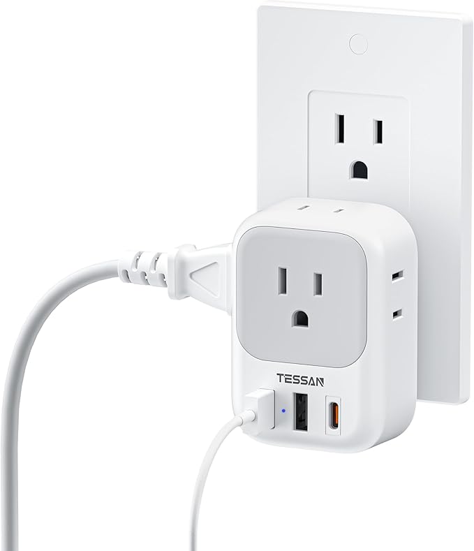 TESSAN USB C Charger Block 20W PD, Fasting Charging Electrical Outlet Extender with 4 Box Splitter and 3 USB Ports, 4 Side Multi Plug Wall Outlet for Cruise Home Office Dorm Room