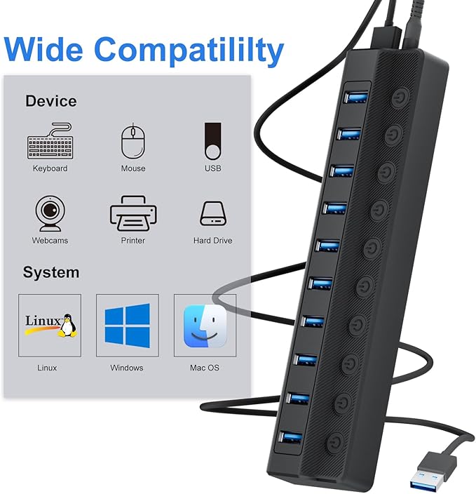 Powered USB Hub 3.0, 10-Port USB Splitter Hub with Individual On/Off Switches and 12V/2A Power Adapter USB Extension