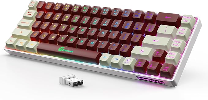 65% Wireless Gaming Keyboard, LED Backlit Gaming Keyboard, 68 Keys Ultra-Compact Anti-ghosting No-Conflict Wireless Keyboard for PC Laptop Windows Gamer(Red-White)