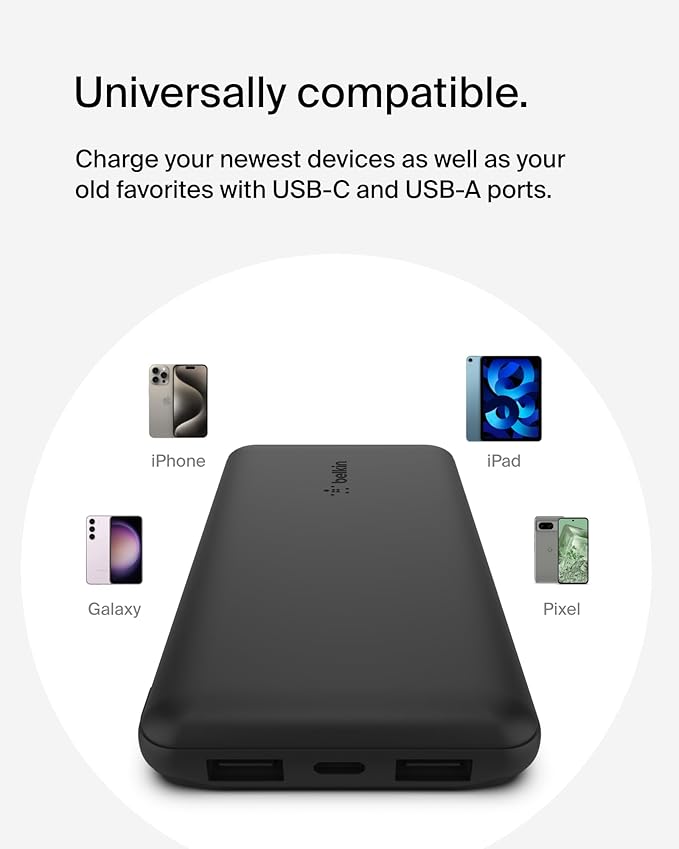 Belkin Portable Charger, USB C Power Bank 10000 mAh w/ 2xUSB-A Ports, 15W w/ Type-C to Type-A Cable for iPhone 17, Air, Pro, Samsung Galaxy S25, Nintendo Switch 2, Google Pixel 10, etc. - Black
