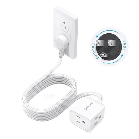 TROND Flat Extension Cord 10ft with 360° Rotating Plug, Low Profile Small Power Strip, 3 Prong Grounded Outlets Cube, 13A, SPT 16/3 AWG Cable, for Indoor Home Office Kitchen Cruise Essentials, White