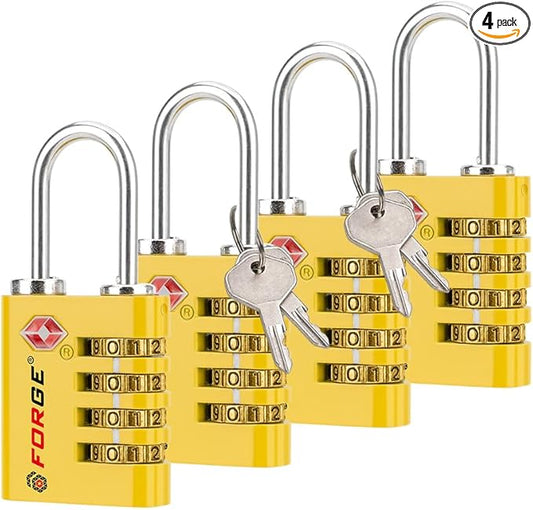 Forge Dual-Opening: Key or Combination Access Lock, TSA Approved Locks for Luggage, Pelican case, Travel, Gym, School, Stainless Steel Shackle.(Yellow, 4 Pk)
