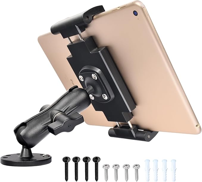 Heavy-Duty Tablet Mount, Aluminum Arm, Screw-Locked Holder, Industrial AMPS Base – Fits RAM B Size – Truck, Car, RV Dash, Desk, Wall Mount – 7–12.9" iPad Pro, Air, Mini, Galaxy Tab Holder