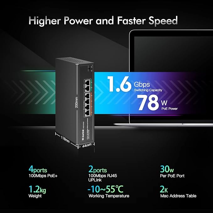 MokerLink 6 Port PoE Switch with 4 Ports PoE+, 2 Fast Ethernet Uplink, 10/100Mbps, 78W High Power, Support IEEE802.3af/at, Fanless Metal Plug & Play PoE+ Network Switch