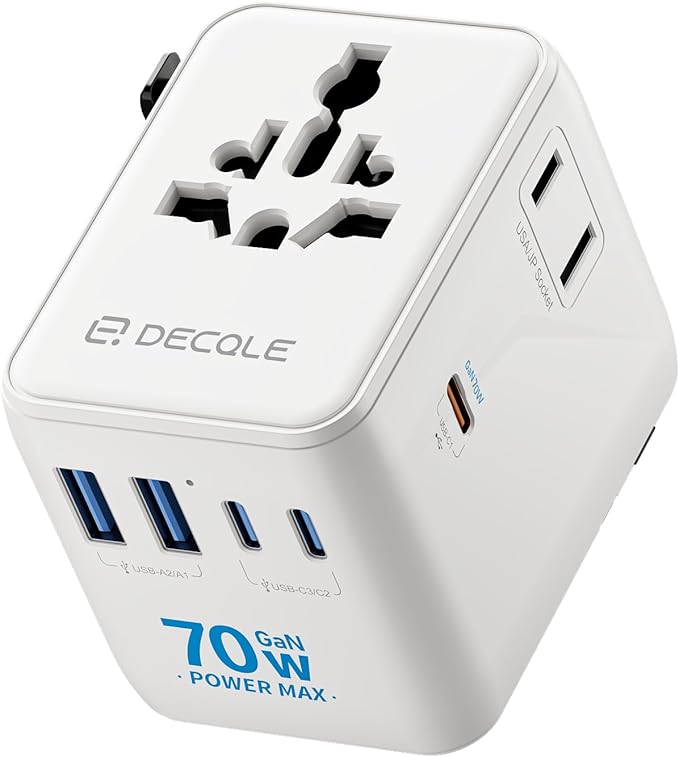Universal Travel Adapter, International Travel Plug Adapter with 3 USB-C ＆ 2 USB-A Ports 70W, All in One Portable Socket, for USA, UK, EU, AU ＆ 224+ Countries (White)