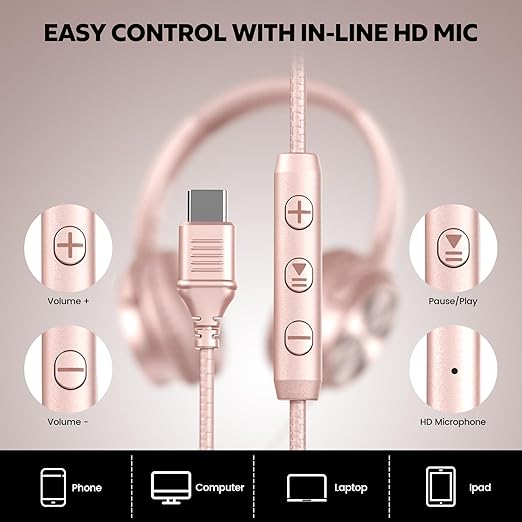 USB C Headphones Wired, Over Ear USB C Wired Headphones with Microphone, Volume Control, HD Stereo Sound, Foldable USB Type C Headphones for Adult/Teens/Chromebook/Laptop/Computer/iPhone,Rose