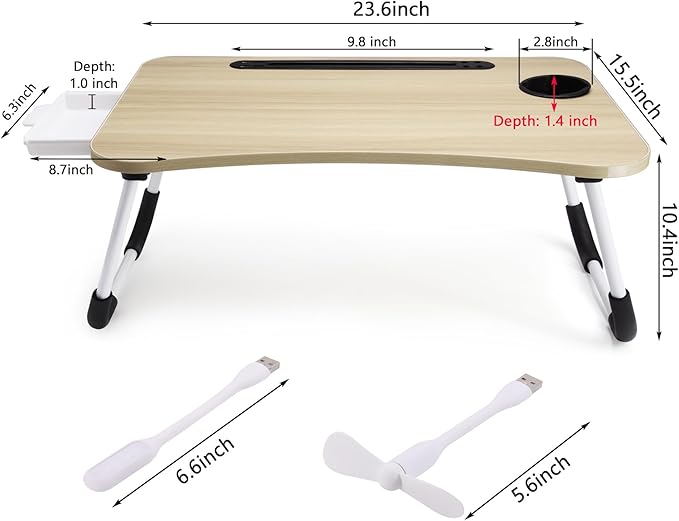 Slendor Lap Desk with Tablet Slot, Foldable Laptop Table with Storage Drawer，Portable Bed Desk for Laptop, Computer Tray with Cup Holder Notebook Stand Reading Holder for Couch Floor, White Maple