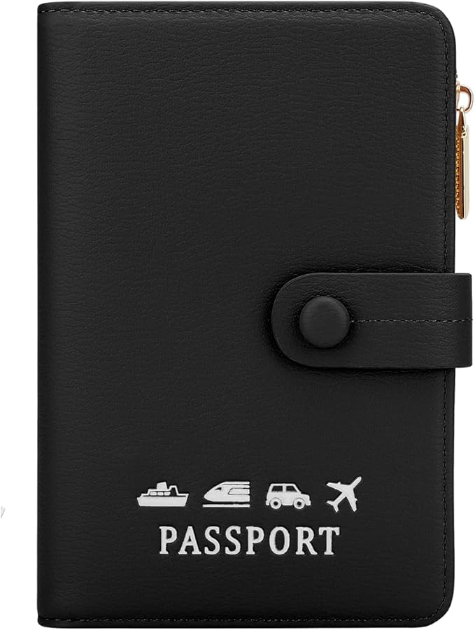 DOB SECHS Passport Holder Wallet for Women, Leather RFID Blocking Passport Cover Credit Cards Case Women Travel Accessories Organizer Pouch Bag with ID Window+Zippered Cash Pocket+SIM Slots, Black