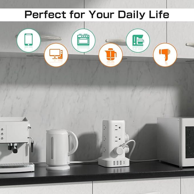 Tower Surge Protector Power Strip with USB 12 Outlets with 4 USB Ports (1 USB C), 10FT Extension Cord Multi Plug Outlet Extender Overload Protection for Home Office