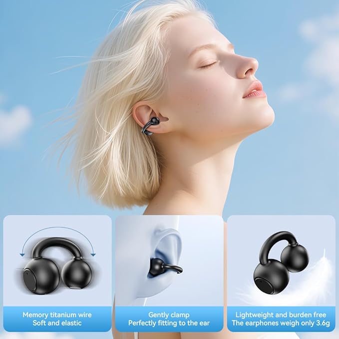 Open Ear Earbuds, Bluetooth 5.4 Clip On Headphones,with Mic, 56H Playtime, IPX5 Waterproof, Clip-On Fit, Clear Audio, for Small Ears, Workout Sports Running(Black)