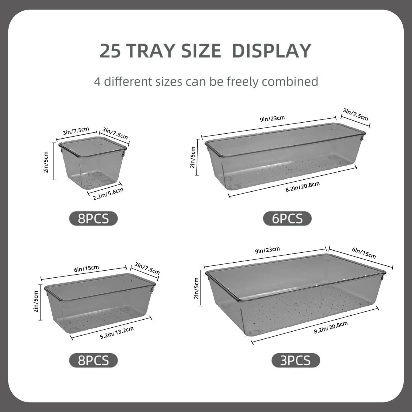 Kitchen Desk Drawer Organizers Storage for Office, Small Acrylic Vanity Trays Makeup Organizer for Drawer Bathroom Plastic Make up Organizers 25 Pcs Clear Black