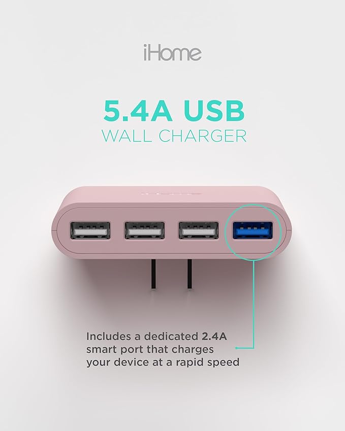 iHome Slim 4-Port USB Wall Charger, AC Pro Multiport Plug Adapter, Phone Charging Block with 4 Ports, Flat USB Wall Adapter for Home & Travel