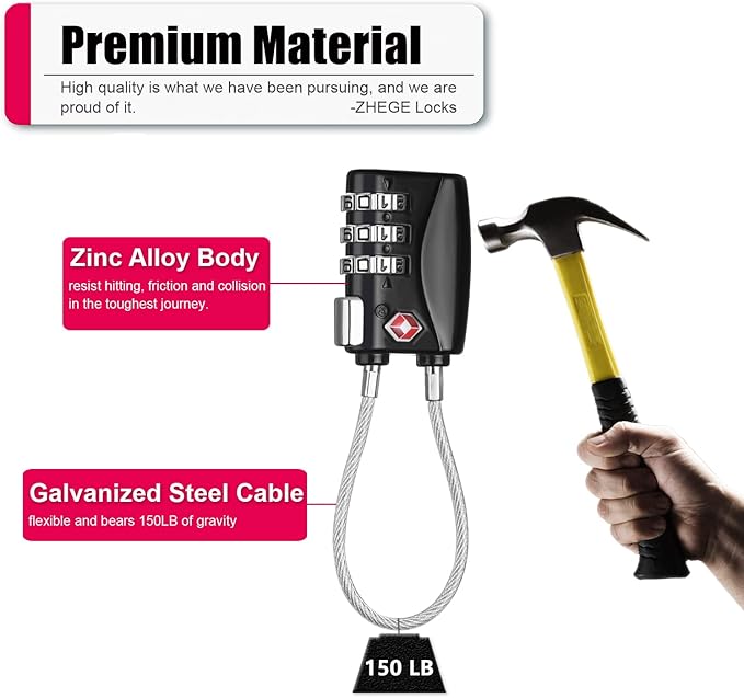 ZHEGE TSA Cable Luggage Lock Small Padlock for Suitcase, Baggage, Backpack, Pistol Case (2 Pack, Black)