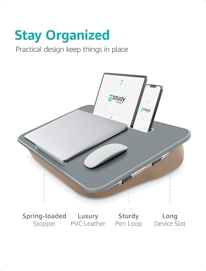 Istudyniture Lap Desk | Portable Laptop Desk & Stand – Fits Up to 17 inch – Washable Cushion, Built-in Phone Holder – for Bed, Couch, Sofa, Floor – Writing, Reading, Home Office – Large, Coffee