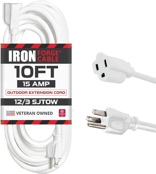 Iron Forge Cable 12 Gauge Outdoor Extension Cord 10 Ft, SJTOW 12/3 Heavy Duty White Extension Cord 3 Prong, Oil Resistant & Flame Retardant