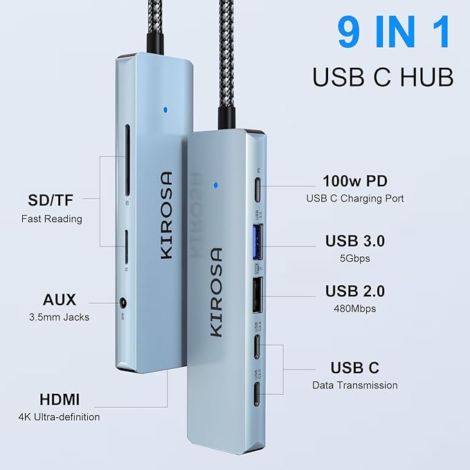 KIROSA USB-C Hub: USB C Multiport Adapter for Macbook Pro Air - 9IN1 USBC to HDMI Hub Dongle - Traveling USB C Docking Station for Laptops and Type C Devices (4K HDMI 100W PD USB3.0 SD/TF Card Reader)