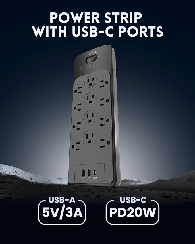 Surge Protector Power Strip 25FT(4080J), PLUGTUL Surge Protector with 12 Outlets - Spacious Design for Large Plugs, Flat Plug, 20W USB C Charging for Home, Office, ETL Listed