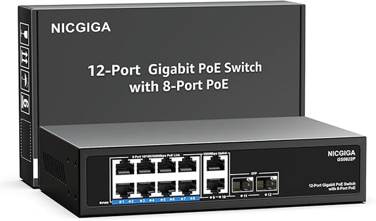12 Port Gigabit PoE Switch Unmanaged with 8 Port IEEE802.3af/at PoE+@120W, 2 x 1000Mbps Uplink + 2 x 1G SFP, NICGIGA 8 Port Network Power Over Ethernet Switch, Desktop/Wall-Mount.