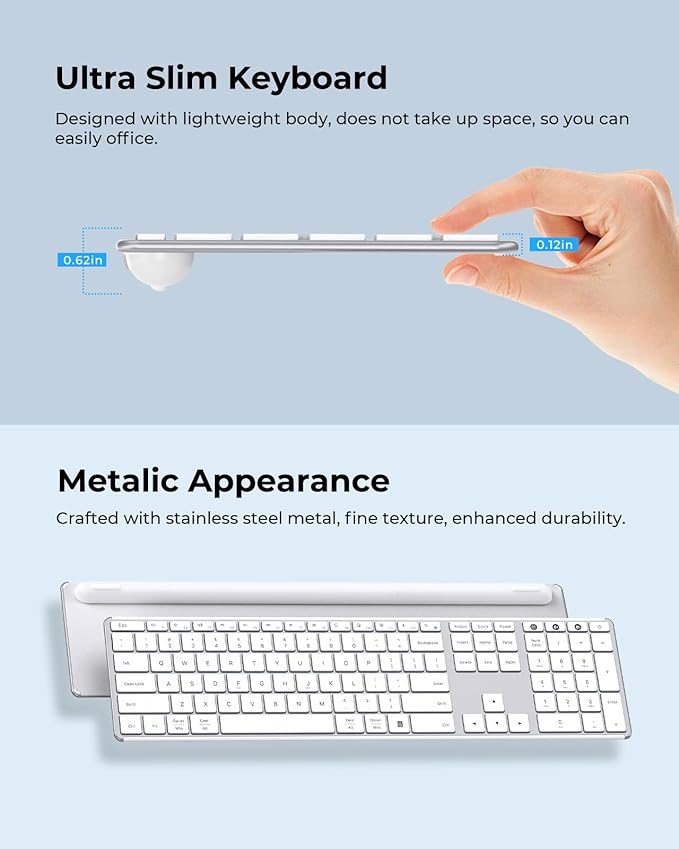 seenda Wireless Bluetooth Keyboard and Mouse Combo (USB + Dual BT), SKM64-3 Multi-Device Rechargeable Slim Keyboard and Mouse, Compatible for Win 7/8/10, MacBook Pro/Air, iPad, Tablet - White Silver