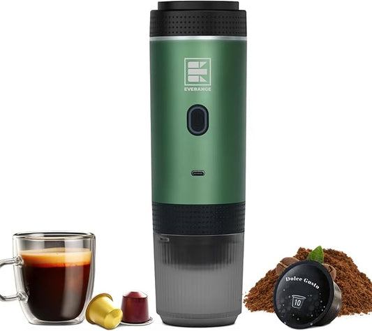 Portable Electric Espresso Machine, Car Coffee Maker for Travel Camping, Battery Powered Coffee Brewer Compatible with Ground Coffee & NS Capsules, Green