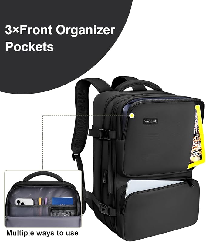 Vancropak Carry on Backpack, Flight Approved 40L Travel Backpack with 3 Packing Cubes for Men Women, Water Resistant Expandable Business Luggage Daypack Suitcase Travel Bag, Traveling Gifts, Black