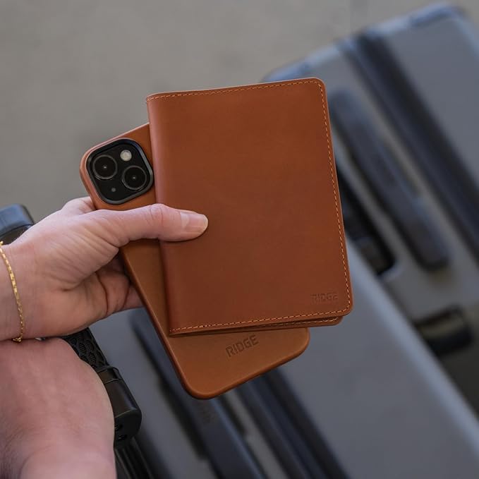 Ridge Passport Holder - Leather Travel Wallet, RFID Protection, Holds Passport, 6 Credit Cards, Folded Cash, And a Boarding Pass (Tobacco Brown)