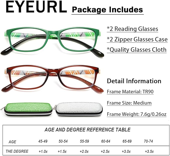 EYEURL Reading Glasses For Men Women - Blue Light Blocking Glasses Reduce Eyestrain - 2 Pack TR90 Frame Lightweight +1.75
