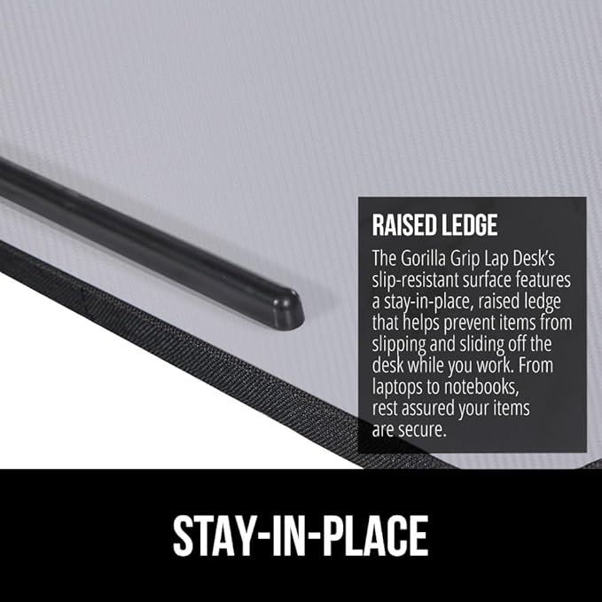 GORILLA GRIP Laptop Lap Desk with Phone Holder, Pillow Cushion Desks Fit Laptops up to 15.6", Tray Ledge Keep Computers in Place, Portable Travel Workstation Essentials for Home, Dorm Room, Gray
