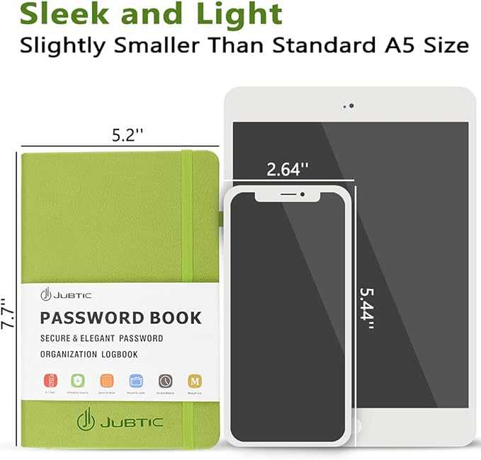 JUBTIC Password Book with Alphabetical Tabs Medium Size Password Keeper Logbook for Internet Log in Website Address Detail. Hardcover Password Notebook Journal & Organizer for Home Office, Green