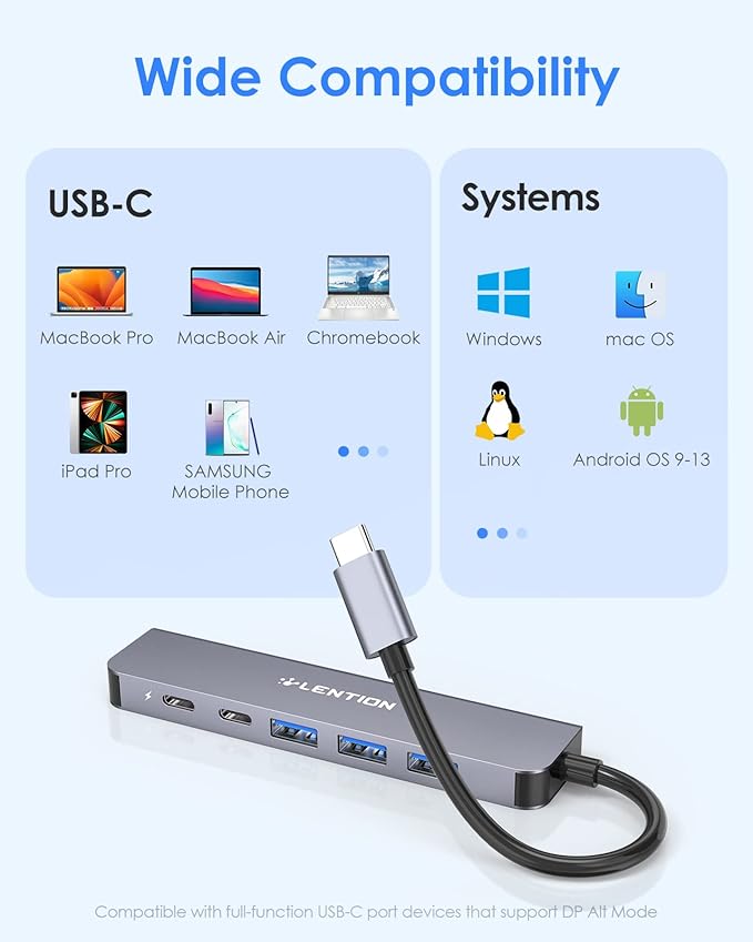 LENTION USB C Hub, Multiport with 4K HDMI Port, 3xUSB-A Ports, USB-C Data Port, 100W PD Port, Compatible New MacBook Pro/Air, iPhone 15 Pro/Pro Max, Surface, Chromebook, More(CE35s, Gray)