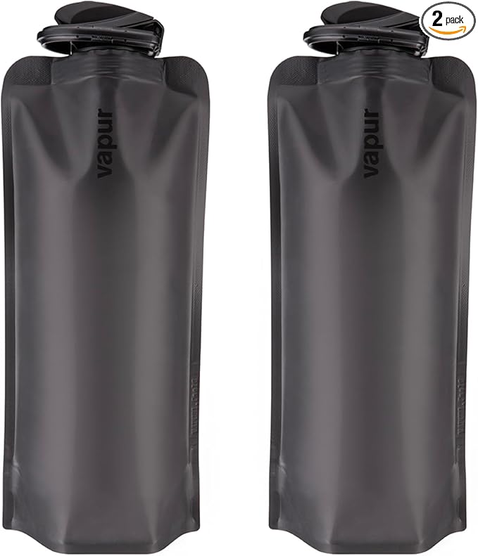 Vapur Collapsible Water Bottle With Carabiner, Compact Bottle Folds Flat For Hydration On The Go, Ideal for Traveling, Hiking or Camping, 34 Ounce, Blackout, Pack of 2