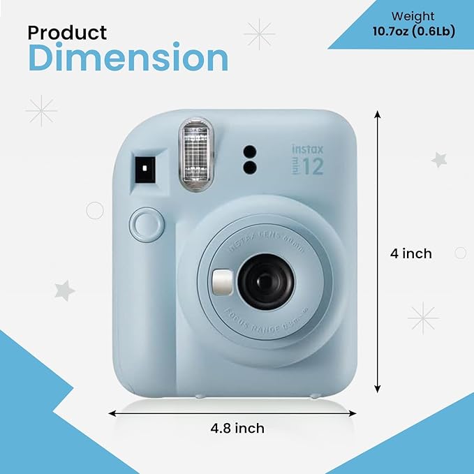 Fujifilm Instax Mini 12 Instant Camera Bundle - Includes 20 Shots Film, Custom Case, Deluxe 60-Pocket Photo Album & BluebirdSales Accessories - Auto Exposure, Selfie Mirror, Pastel Blue