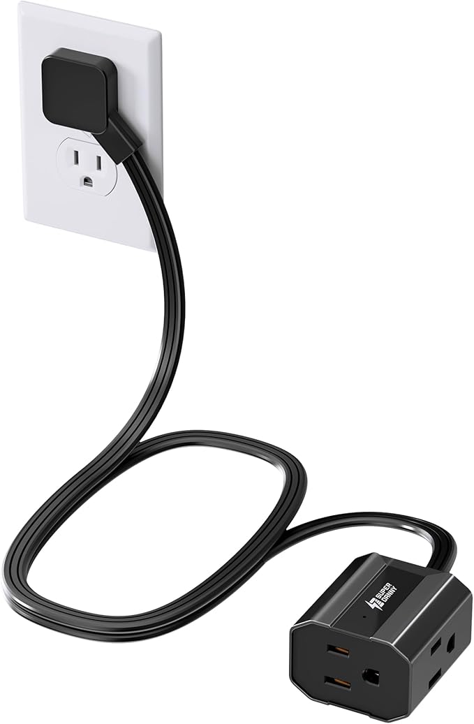 Extension Cord 3ft SUPERDANNY Mini Power Strip Ultra Right Angled Flat Plug for Tight Spaces,Indoor Extension with 3 Outlets,for Office Home Appliances,Non Surge Protector for Travel Cruise,Black