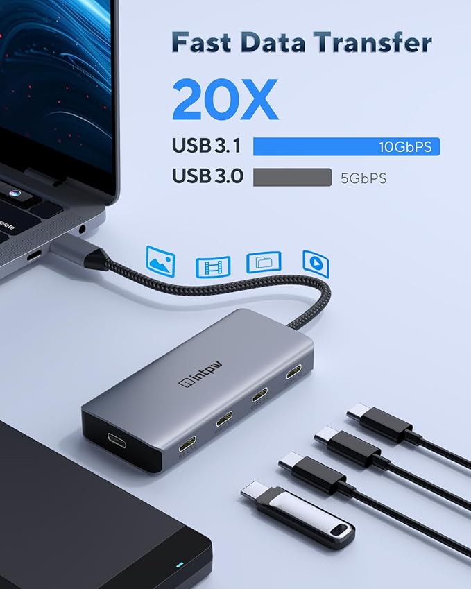 Powered USB Hub 10Gbps, intpw 9-Port USB 3.2 Hub, USB C Hub with USB A/USB C 3.2, 4 USB 3.0, 2 PD 45W Charging Ports, 65W Power Adapter and 3.3FT Cable, Aluminum USB Hub for Laptop, iPhone 16/15, PC