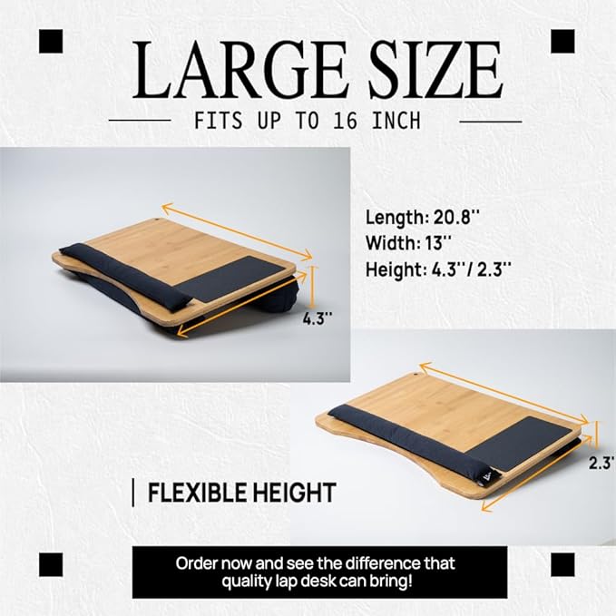 Lap desks for Adults,Adjustable Laptop Desk with Pillow Cushion,Fits up to 16'', Portable Laptop Desk for Bed/Couch/Car, Extra Large Lap Desk with Detachable Cushions, Travel Lap Desk,Dorm Essentials