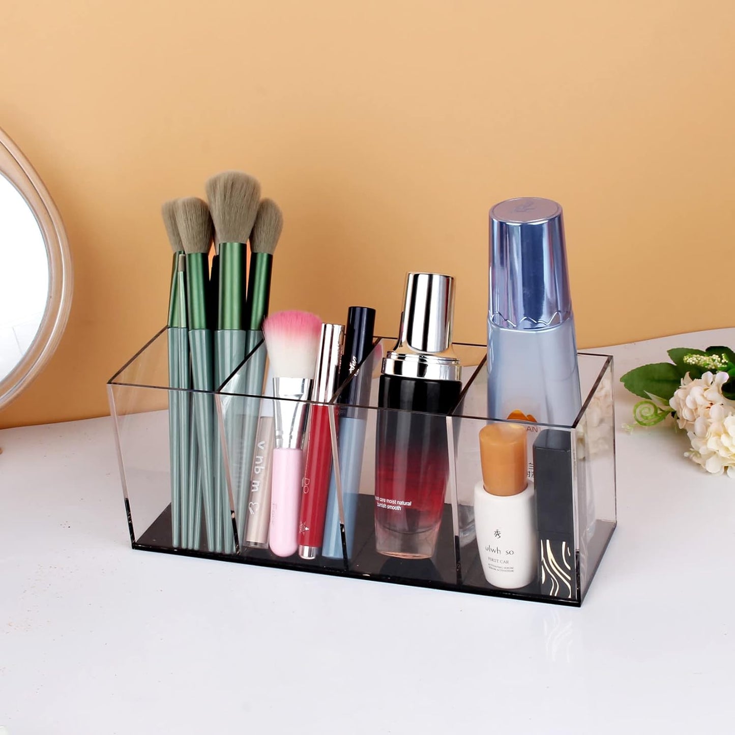 Acrylic Clear Pen Holder 4 Slot Pencil Organizer Countertop,Pencil Stationery Organizer for Office Accessory Storage (Black based)