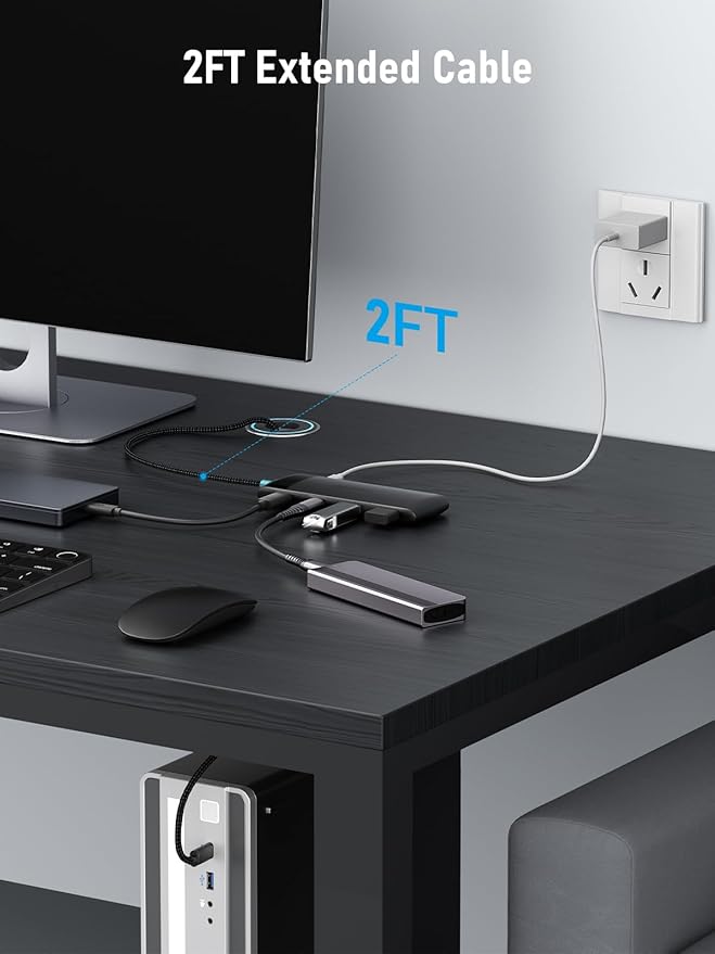 USB C Hub with 10Gbps 2 USB3.2 & 2 USB C 3.2, Charging Port, USB Port Extender for MacBook Pro/Air, Acer Aspire, HP Dell Laptops, iPad Pro, iPhone 15/15 Pro Max, etc., 1.97ft Cable