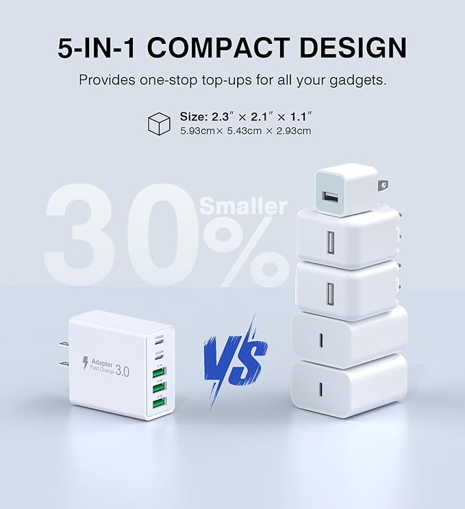 [2-Pack] USB C Wall Charger, 50W 5-Port PD Fast USB C Charging Block,2USB C+3USB A Multiport Plug,Type C Power Adapter Brick Cube for iPhone 16/15/14/13/12/Pro Max/XS,iPad,for Switch,Samsung,Ultra 2