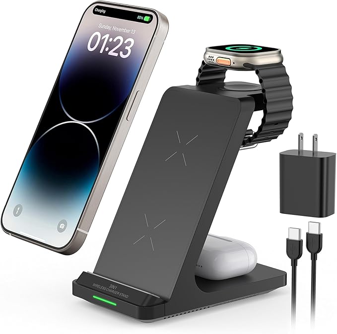 Wireless Charging Station, 3 in 1 Fast Wireless Charger Stand for Multiple Devices Apple Watch Ultra Series 11 10 9 8 7 6 SE 5 4 3 2, iPhone 17 16 15 14 13 12 11 Pro Max/Plus/Air/X/XS/XR, Airpods Pro