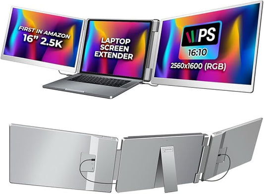 Laptop Screen Extender for Triple Display - 16" QHD 2500P Portable Monitor, Detachable, Plug & Play Dual Monitor Extender for 12"-18.5" Laptops, Compatible with Windows/Mac/Android/Chrome/PS3/PS4