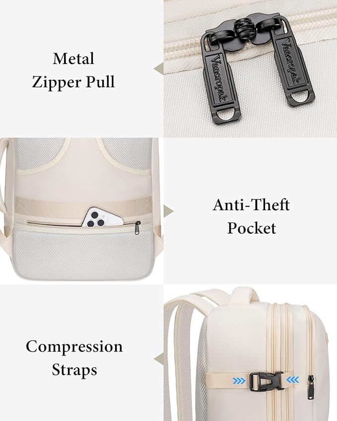 Vancropak Expandable Carry on Backpack for Airplanes, TSA Personal Item Airline Approved 40L Travel Backpack for Women, Lightweight Weekender Overnight Luggage Daypack Suitcase, Travelers Gifts, Beige