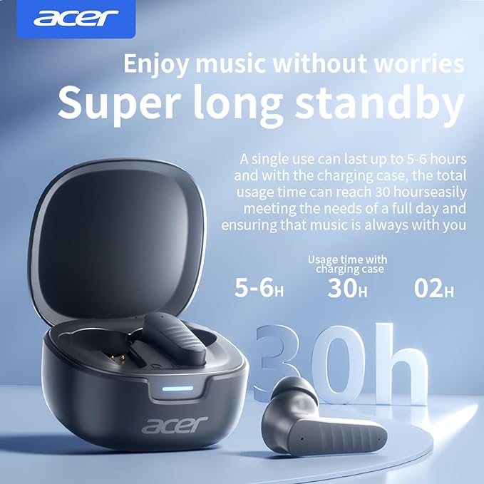 acer Wireless Earbuds Bluetooth Headphones, Hi-Fi Stereo Sound, Long Battery Life, Noise Cancelling with Charging Case for Sports & Working, Stereo Sound Headphones for iPhone/Android/iPad