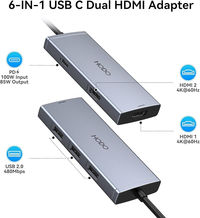 USB C Docking Station Dual HDMI Monitor 4K 60 Hz USB C to Dual HDMI Adapter with 2 hdmi Ports, USB-C Hub 2 Monitors with 3 USB Port PD Charging Compatible for Dell XPS HP Surface Yoga etc