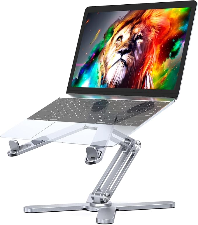 Adjustable Laptop Stand with 360 Rotating Base, Aluminum Laptop Riser for Desk Foldable, Ergonomic Notebook Stand Holder Compatible with iPad and MacBook/All Laptops up to 16 inches - Silver