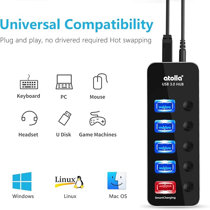 Powered USB Hub, atolla Aluminum 5-Port USB 3.0 Hub with 4 USB 3.0 Data Ports and 1 USB Smart Charging Port, USB Splitter with 5V/3A Power Adapter and Individual Switches