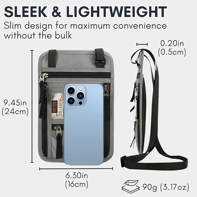 elzama Travel Neck Wallet, Neck Passport Holder, RFID Blocking Passport Wallet Super Slim & Lightweight Travel Pouch Holder for Men & Women (Light Grey)