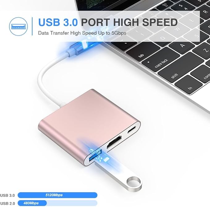 USB C to HDMI Adapter, 4K USB Hub with 100W PD Charging, USB-A 3.0 Port, Multiport Adapter for MacBook, Chromebook, iPad, Surface, TV, Monitor, and More (Rose Gold, 4.33 * 2.95 * 0.6)