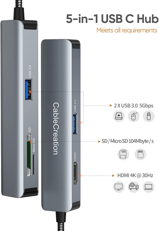 USB C Hub, CableCreation 5-in-1 Multiport iPad Pro Adapter with HDMI 4K, 2 USB 3.0, SD/Micro SD Card Reader for MacBook Pro/Air, iPad Pro, Surface Pro, XPS, and More