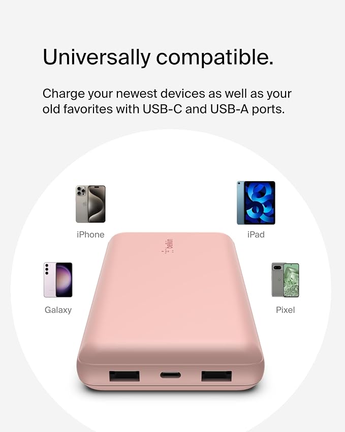Belkin Portable Charger, USB C Power Bank 20000 mAh w/ 1xUSB-C Port & 2xUSB-A Ports, 15W w/ Type-A to Type-C Cable - iPhone 17, Air, Pro, Pro Max, Samsung Galaxy S25, Google Pixel 10, etc. - Rose Gold