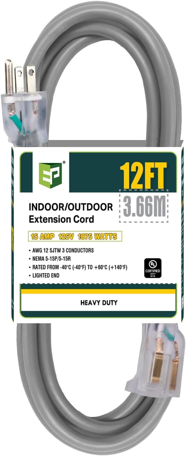 EP 12 Ft Lighted Outdoor Extension Cord - 12/3 SJTW Heavy Duty Grey Extension Cable with 3 Prong Grounded Plug - Power Cord for Lawn, Garden, Appliances